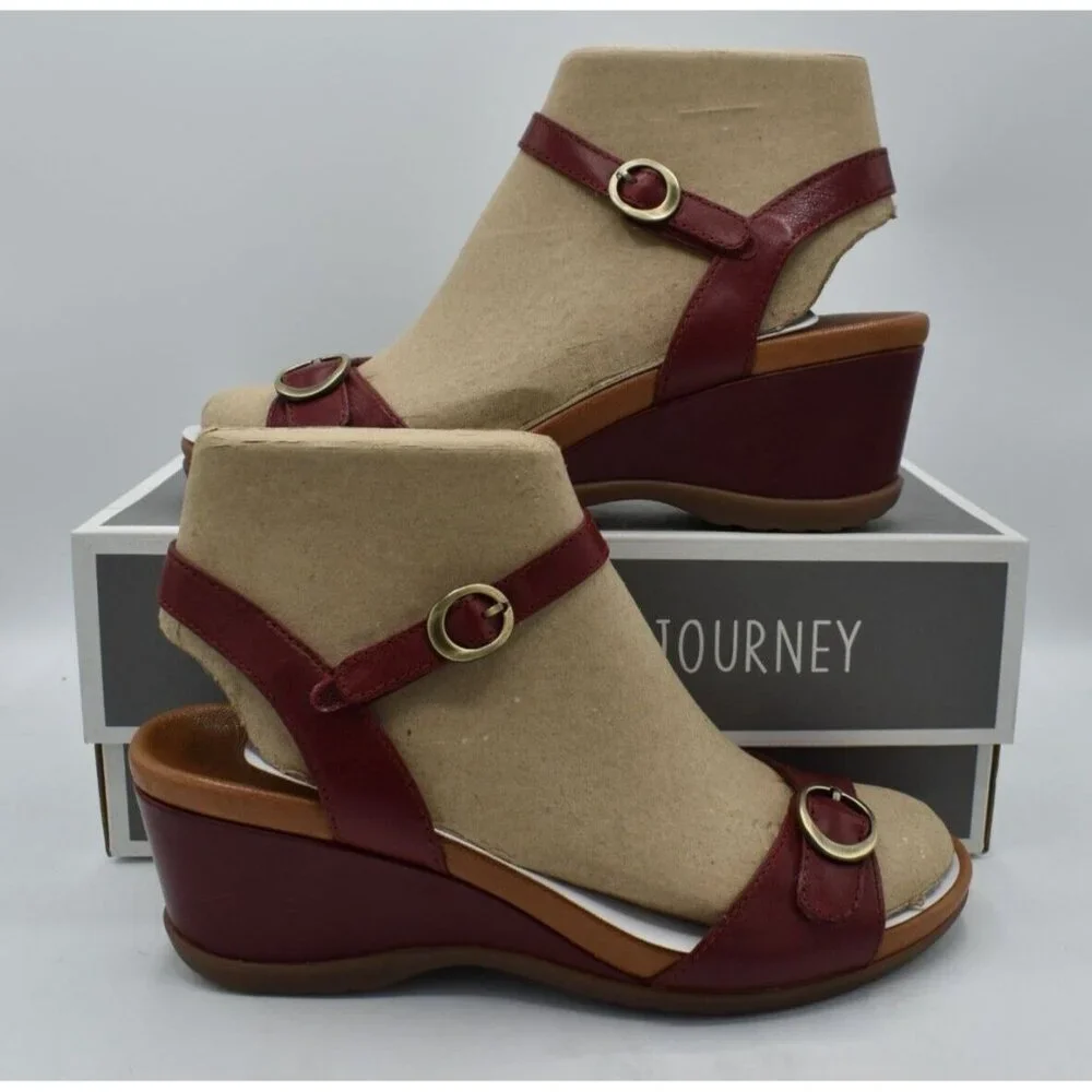 Dansko Womens EU 40 US 9.5-10 Arielle Red‎ Glazed Leather Wedge Open Toe Sandals